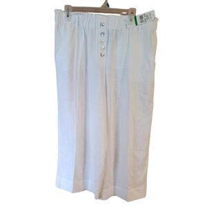 Ruby Rd Summer White Linen Mother of Pearl Buttons Cropped Capri Wide Leg Pants